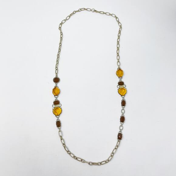 Copper and Brown Gemstone Gold Tone Long Length Statement Necklace Chainlink - Picture 1 of 6